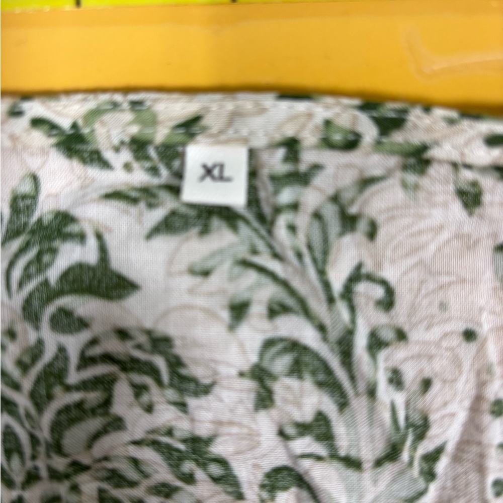 Green Damask Tiered Midi Dress Short Puff Sleeve Cotton Blend Pockets Cream #747 - Picture 9 of 9